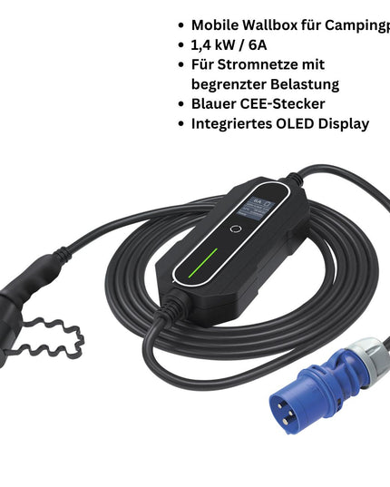 AC Portable Charger, Charge Power Meter, CEE Blau 5m Typ 2 Kabel, Strom: 6A fixiert