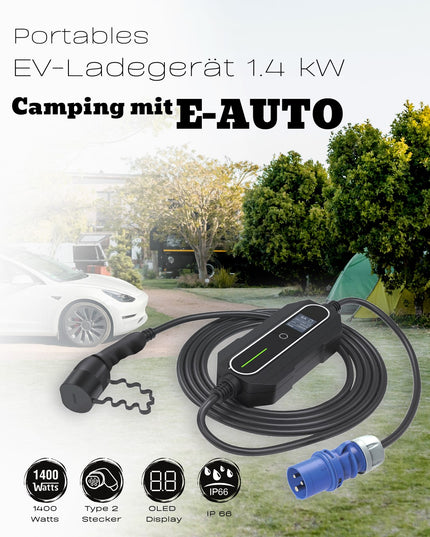 AC Portable Charger, Charge Power Meter, CEE Blau 5m Typ 2 Kabel, Strom: 6A fixiert